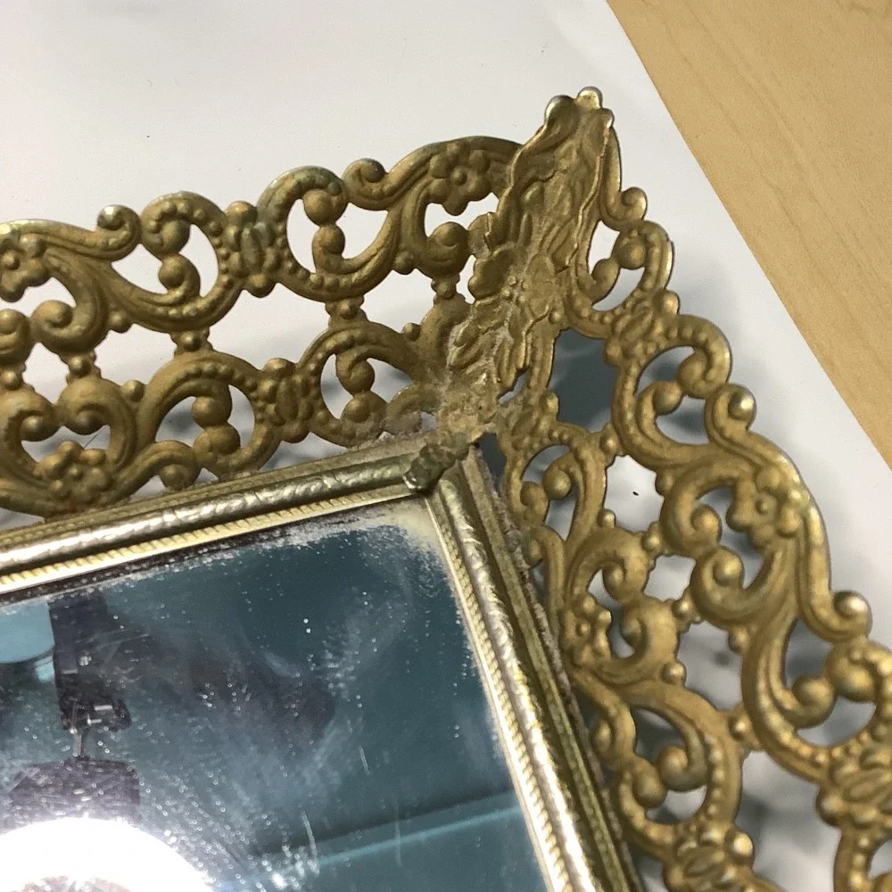 Vintage Mirror Vanity Tray Gold Filigree Metal Rectangle Hollywood Regency MCM